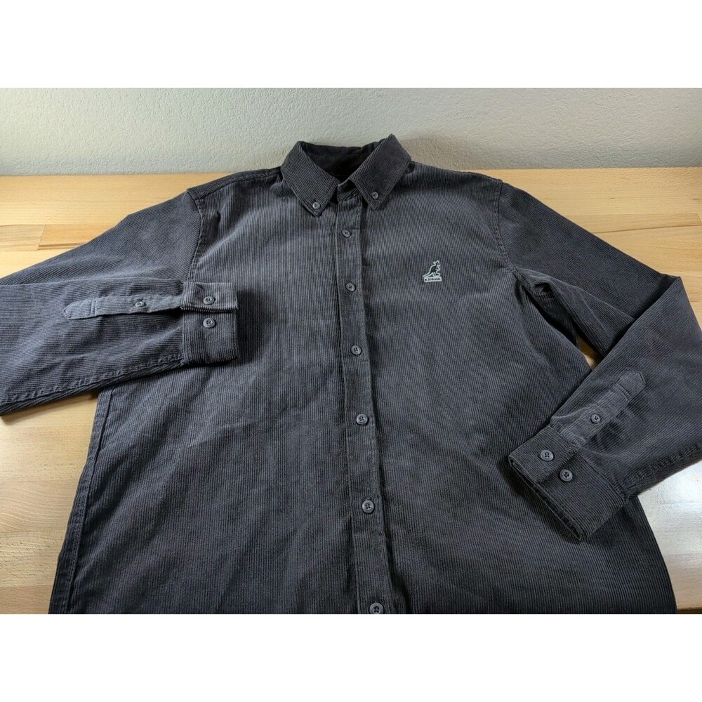 Kangol Shirt Mens Large Gray Corduroy Button Up Long Sleeve Embroidered Logo